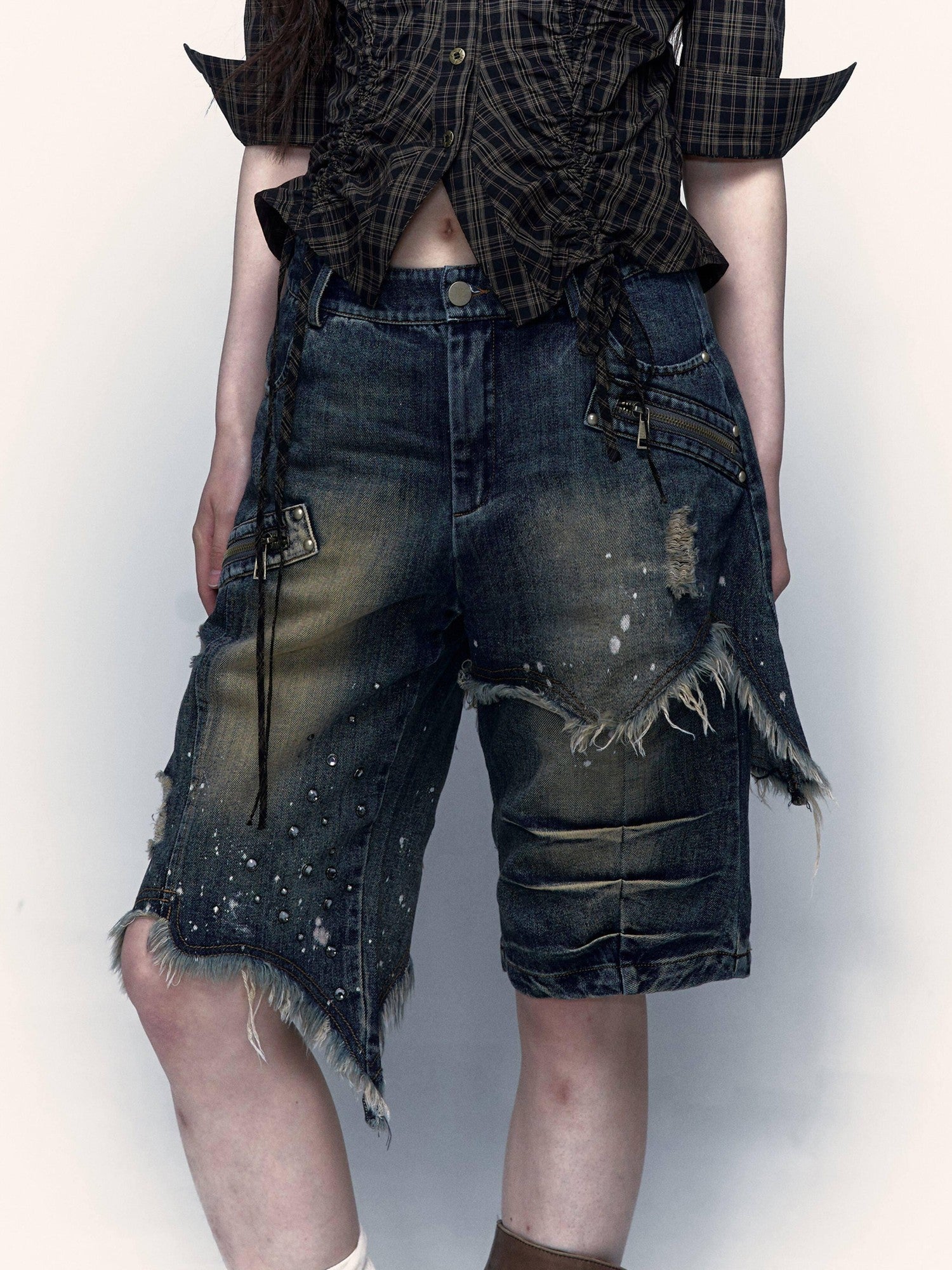 NO ROMANCE Washed Distressed Ripped Punk Street Wide Leg Women'S Lightweight Denim Shorts