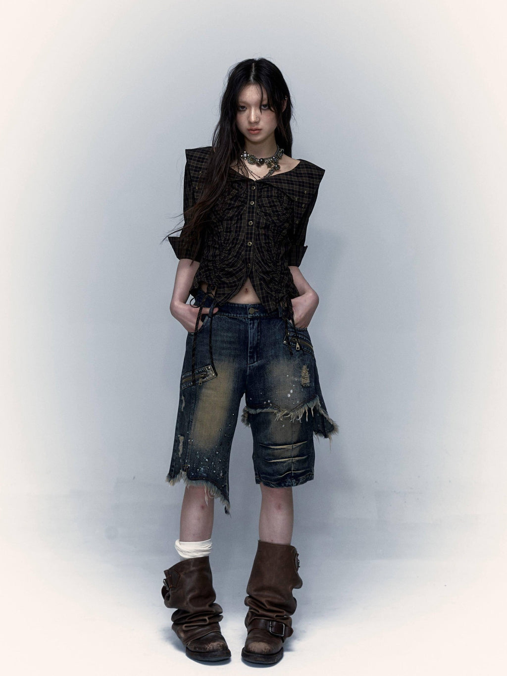 NO ROMANCE Washed Distressed Ripped Punk Street Wide Leg Women'S Lightweight Denim Shorts