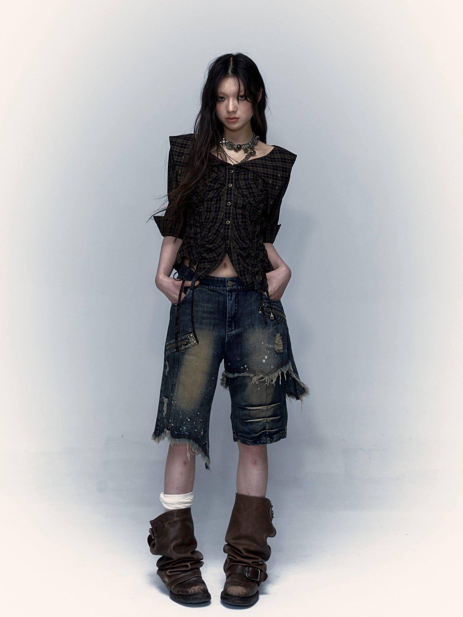 NO ROMANCE Washed Distressed Ripped Punk Street Wide Leg Women'S Lightweight Denim Shorts