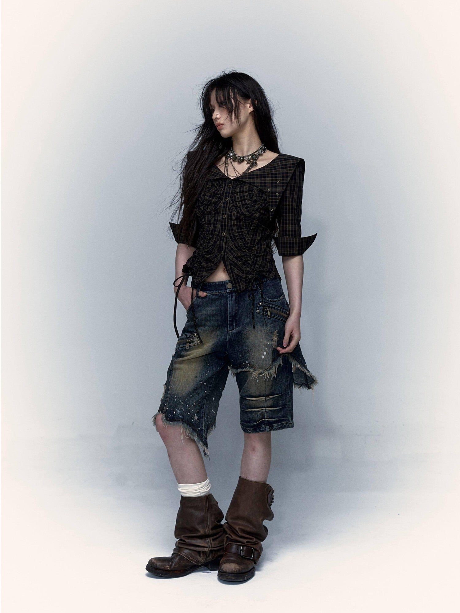 NO ROMANCE Washed Distressed Ripped Punk Street Wide Leg Women'S Lightweight Denim Shorts
