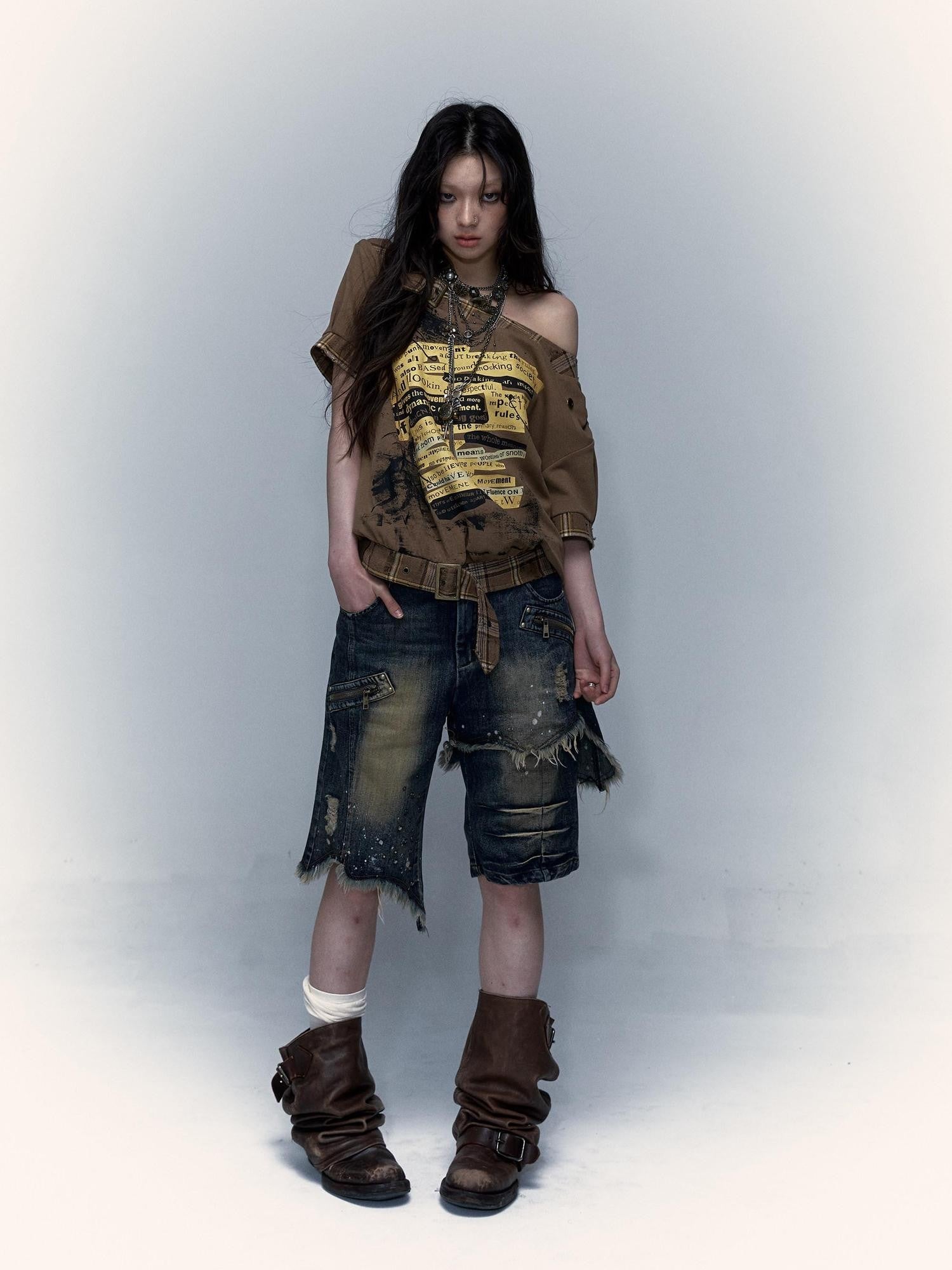 NO ROMANCE Washed Distressed Ripped Punk Street Wide Leg Women'S Lightweight Denim Shorts