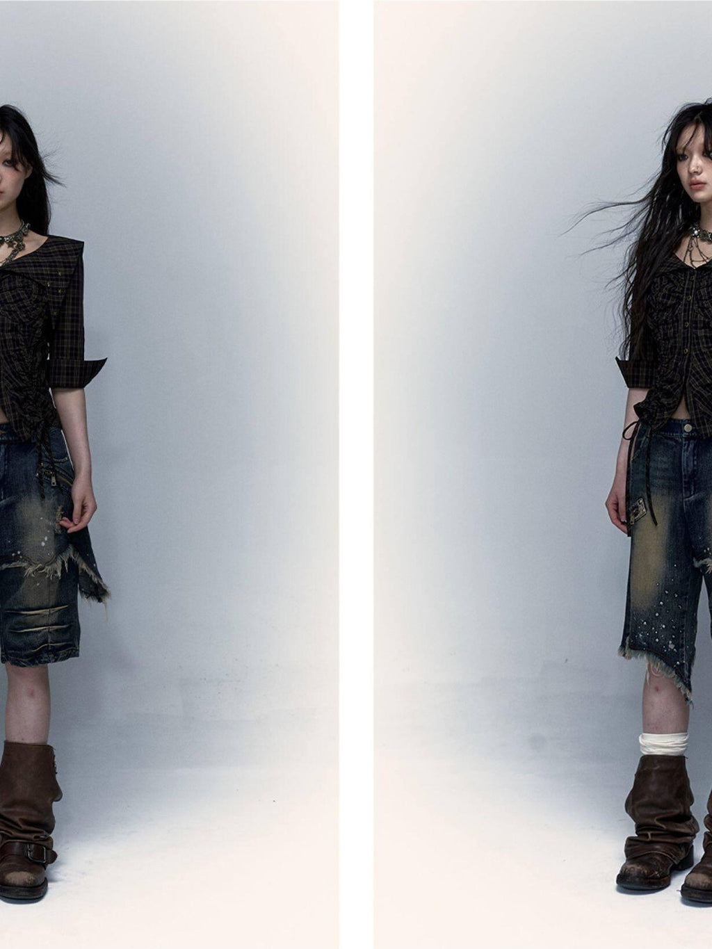 NO ROMANCE Washed Distressed Ripped Punk Street Wide Leg Women'S Lightweight Denim Shorts