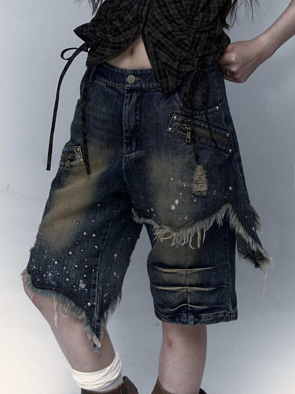 NO ROMANCE Washed Distressed Ripped Punk Street Wide Leg Women'S Lightweight Denim Shorts