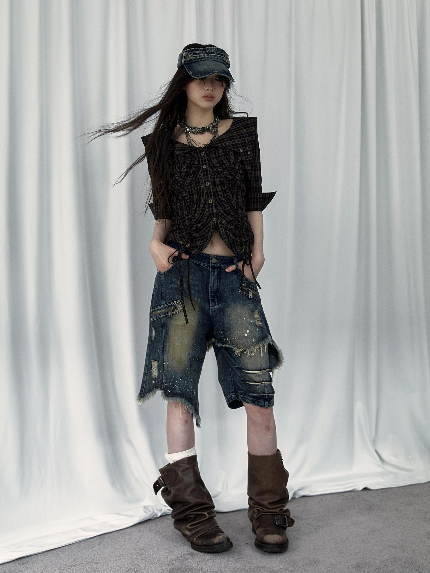 NO ROMANCE Washed Distressed Ripped Punk Street Wide Leg Women'S Lightweight Denim Shorts