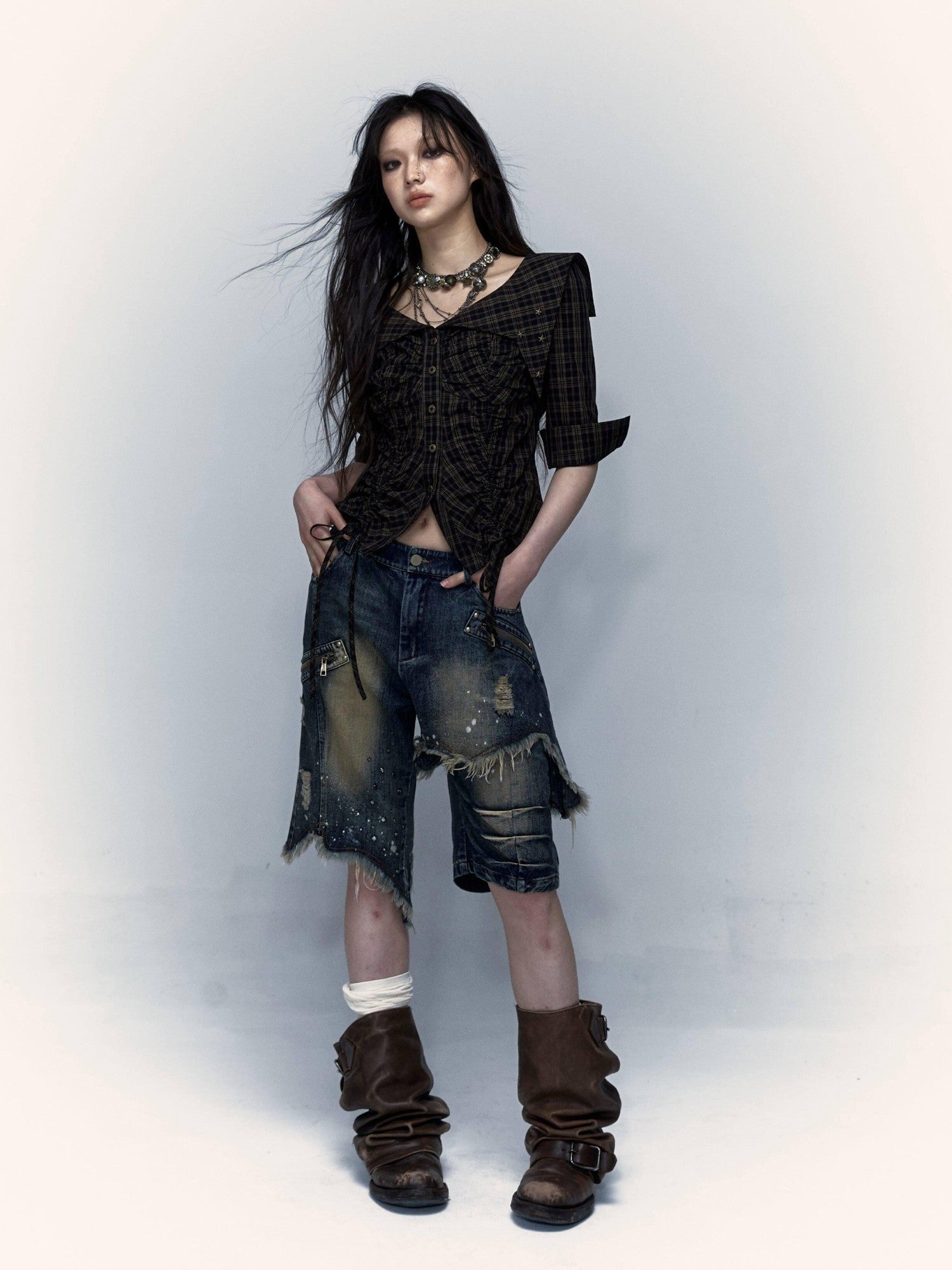 NO ROMANCE Washed Distressed Ripped Punk Street Wide Leg Women'S Lightweight Denim Shorts