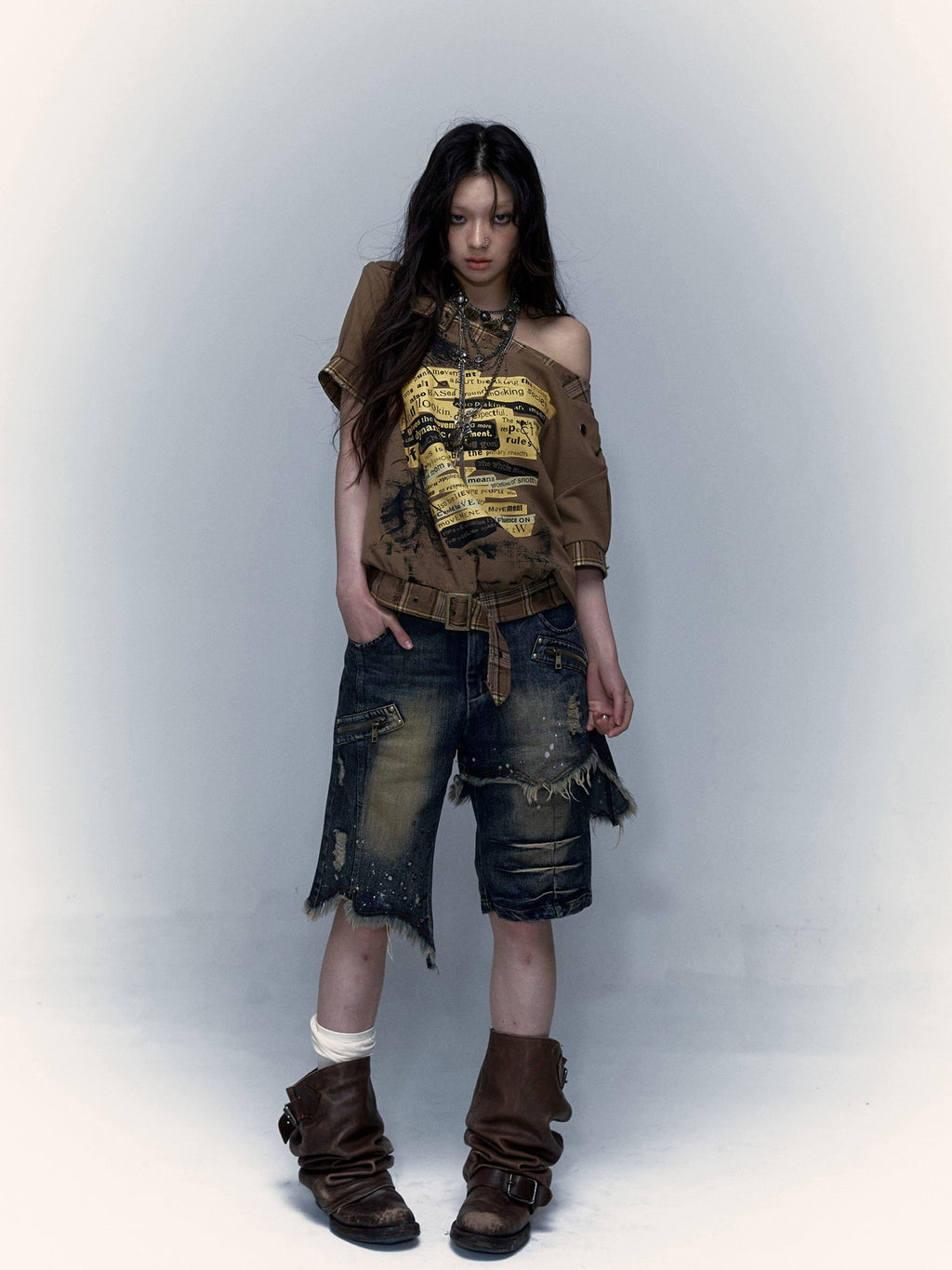 NO ROMANCE Washed Distressed Ripped Punk Street Wide Leg Women'S Lightweight Denim Shorts