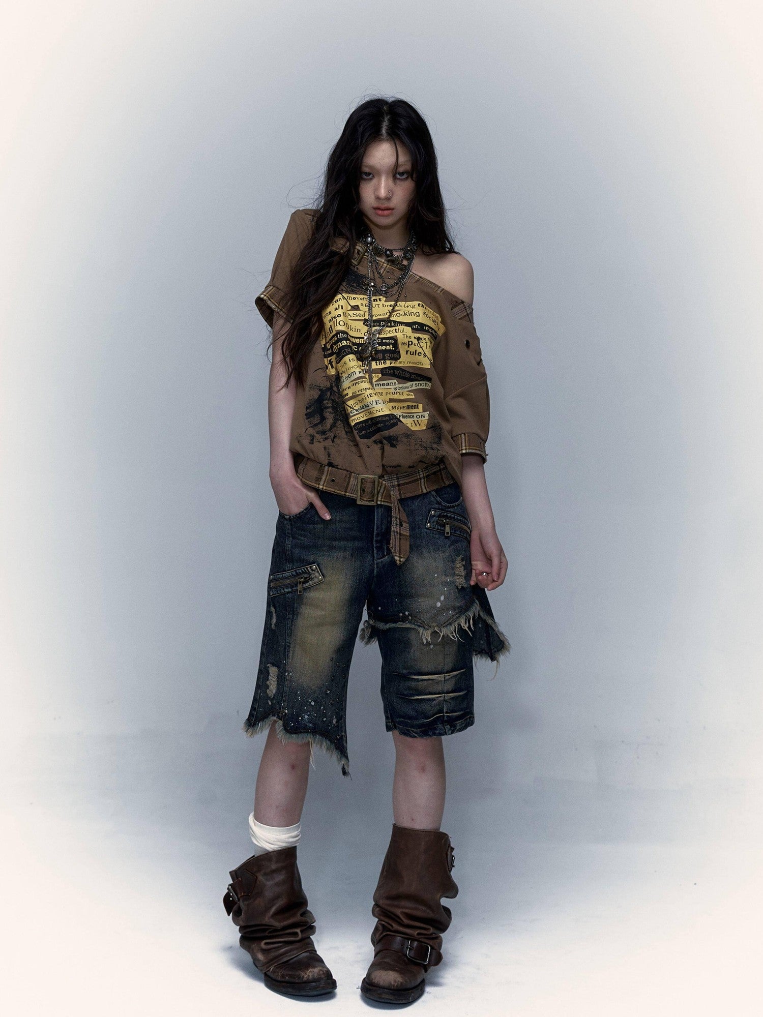 NO ROMANCE Washed Distressed Ripped Punk Street Wide Leg Women'S Lightweight Denim Shorts