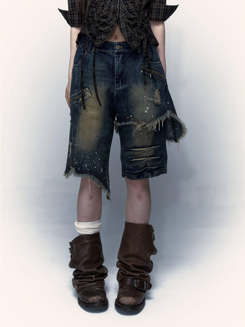 NO ROMANCE Washed Distressed Ripped Punk Street Wide Leg Women'S Lightweight Denim Shorts