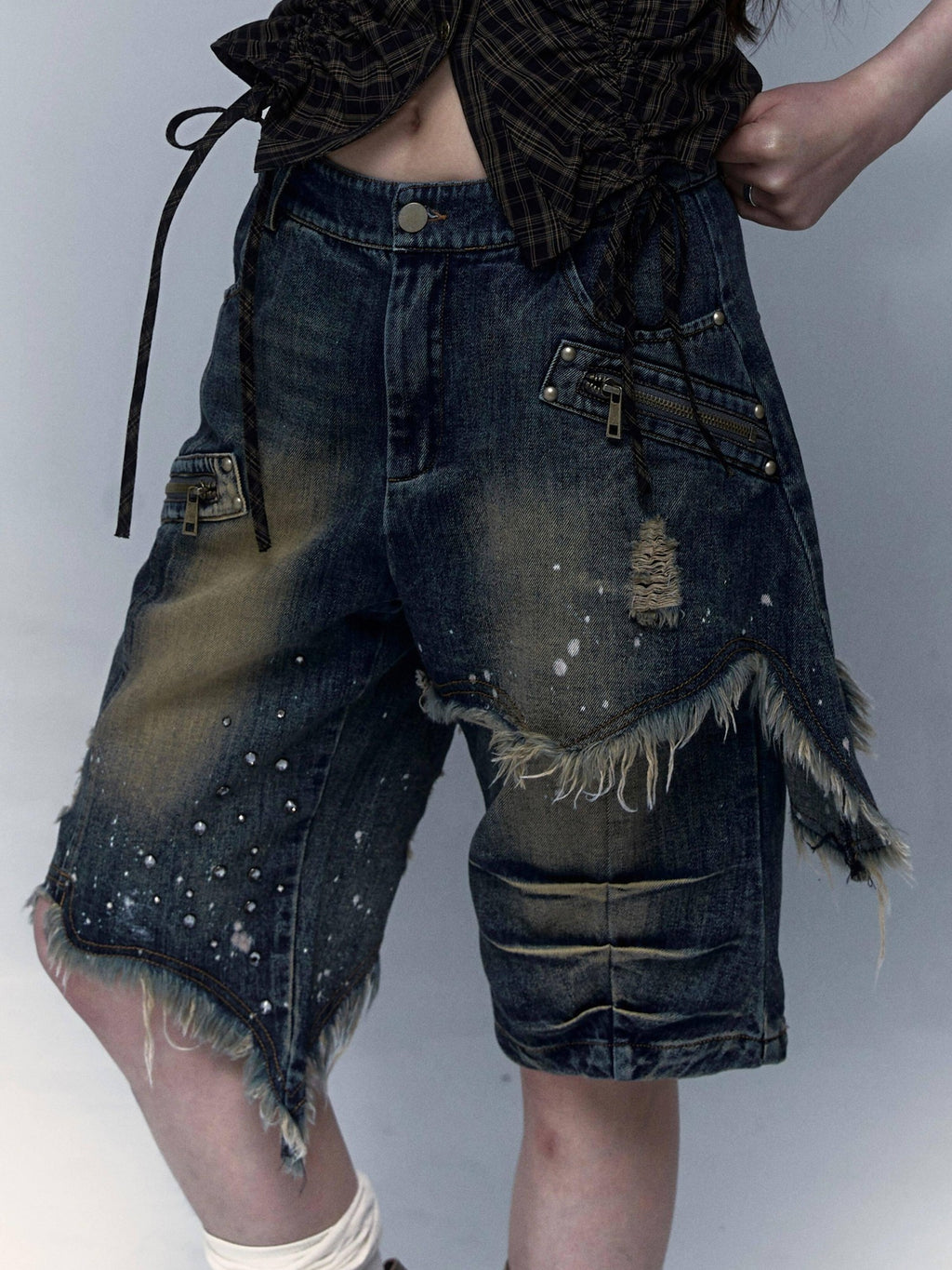 NO ROMANCE Washed Distressed Ripped Punk Street Wide Leg Women'S Lightweight Denim Shorts