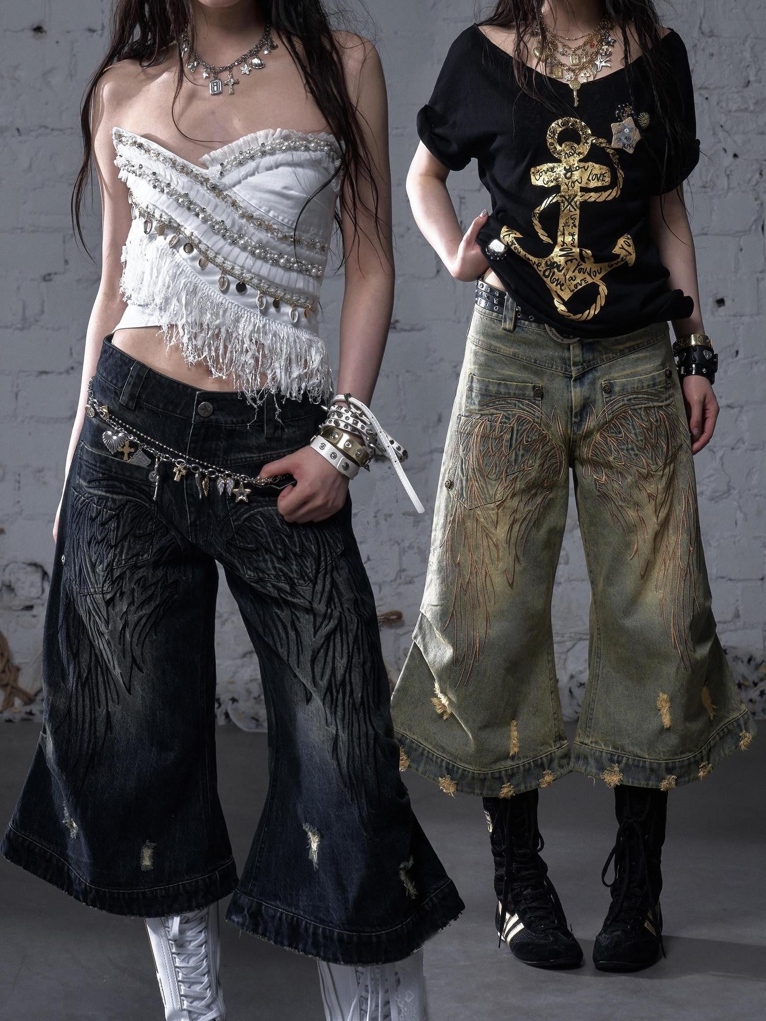 NO ROMANCE Washed Vintage Punk Embroidered Wings Women'S Cotton Wide-Leg Jeans