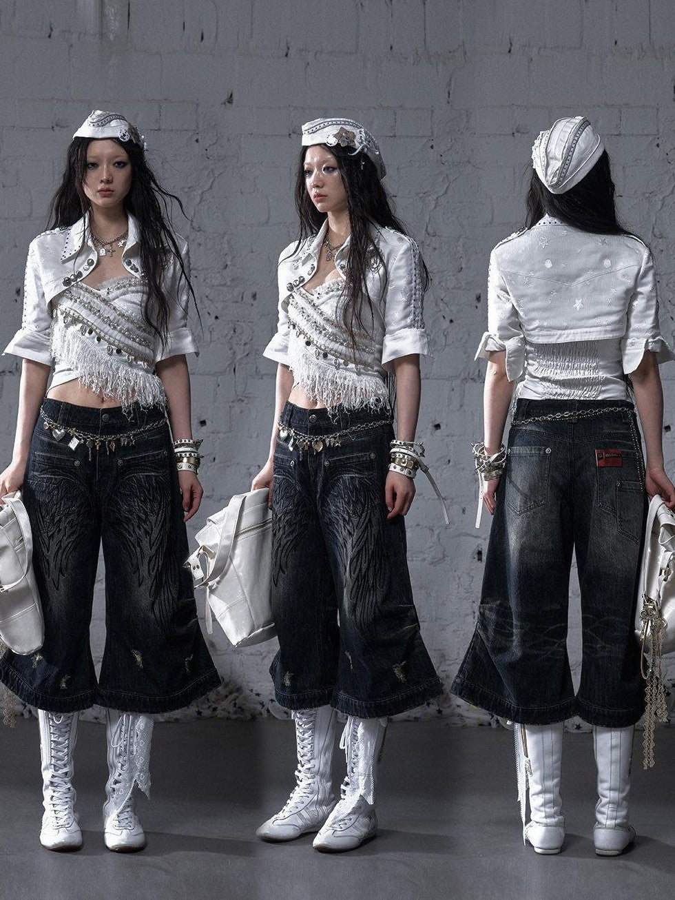 NO ROMANCE Washed Vintage Punk Embroidered Wings Women'S Cotton Wide-Leg Jeans