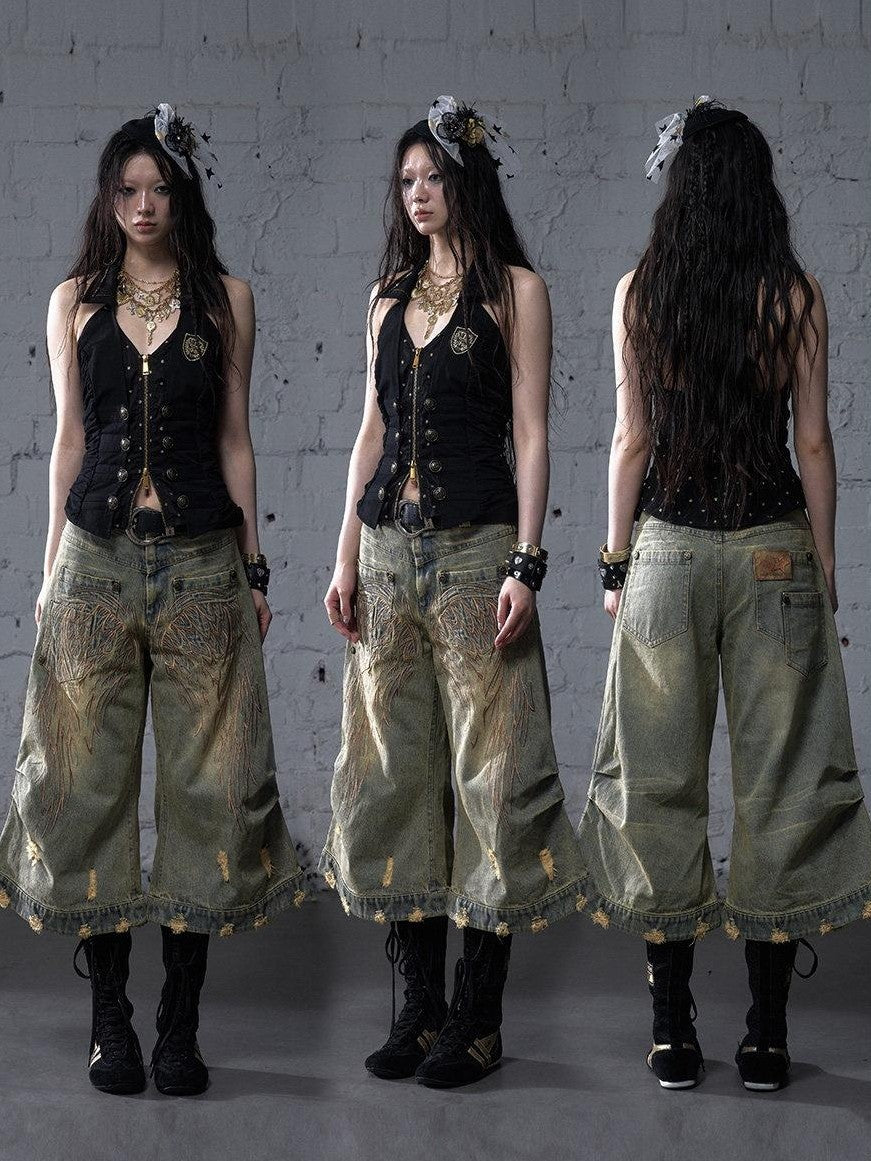 NO ROMANCE Washed Vintage Punk Embroidered Wings Women'S Cotton Wide-Leg Jeans