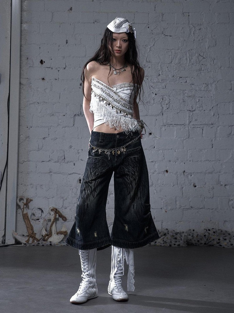 NO ROMANCE Washed Vintage Punk Embroidered Wings Women'S Cotton Wide-Leg Jeans