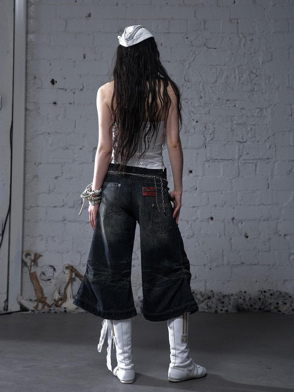 NO ROMANCE Washed Vintage Punk Embroidered Wings Women'S Cotton Wide-Leg Jeans
