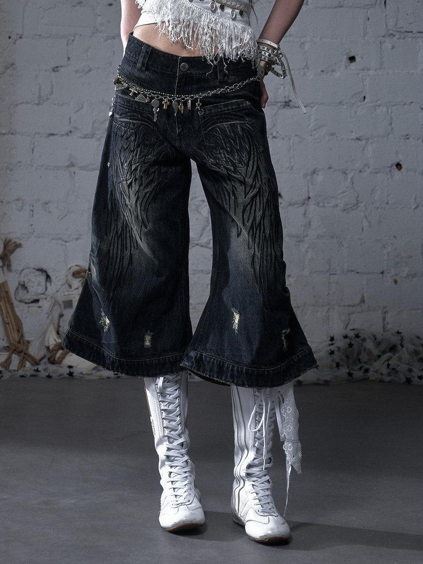NO ROMANCE Washed Vintage Punk Embroidered Wings Women'S Cotton Wide-Leg Jeans