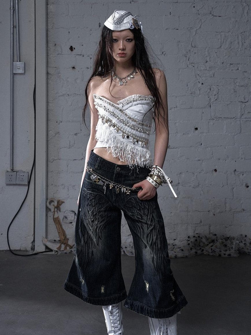 NO ROMANCE Washed Vintage Punk Embroidered Wings Women'S Cotton Wide-Leg Jeans