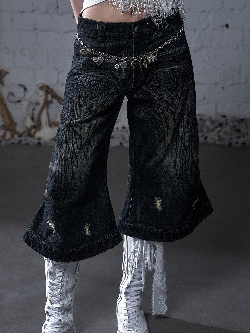 NO ROMANCE Washed Vintage Punk Embroidered Wings Women'S Cotton Wide-Leg Jeans