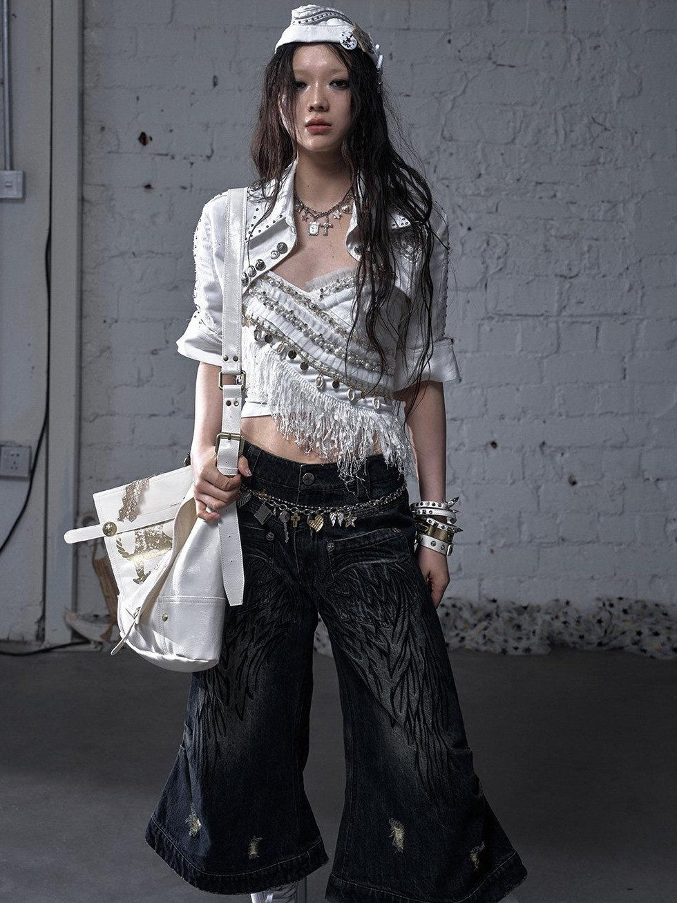 NO ROMANCE Washed Vintage Punk Embroidered Wings Women'S Cotton Wide-Leg Jeans