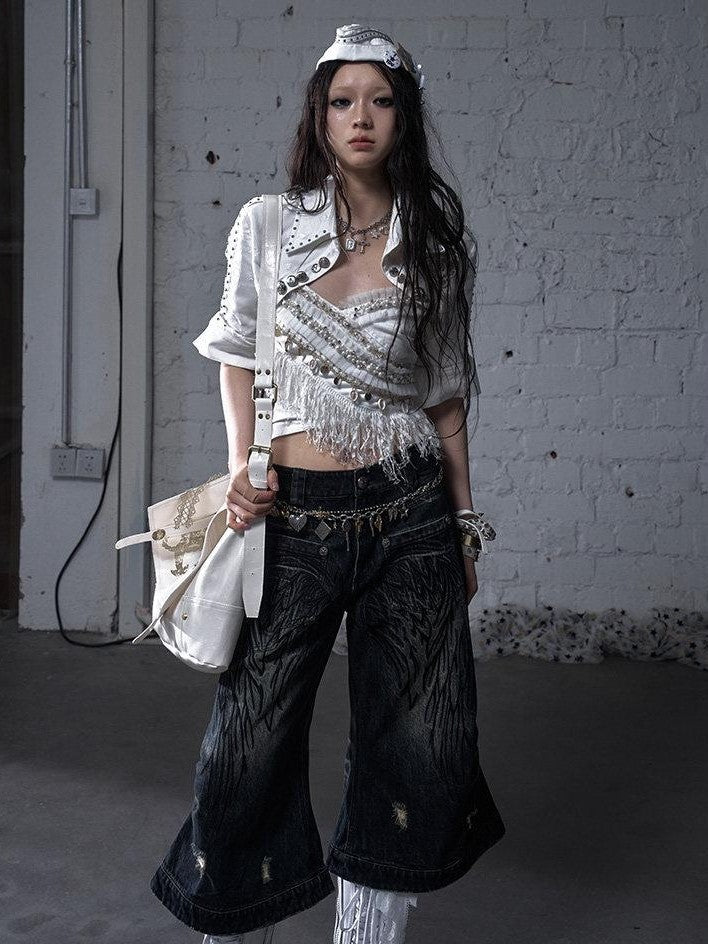 NO ROMANCE Washed Vintage Punk Embroidered Wings Women'S Cotton Wide-Leg Jeans