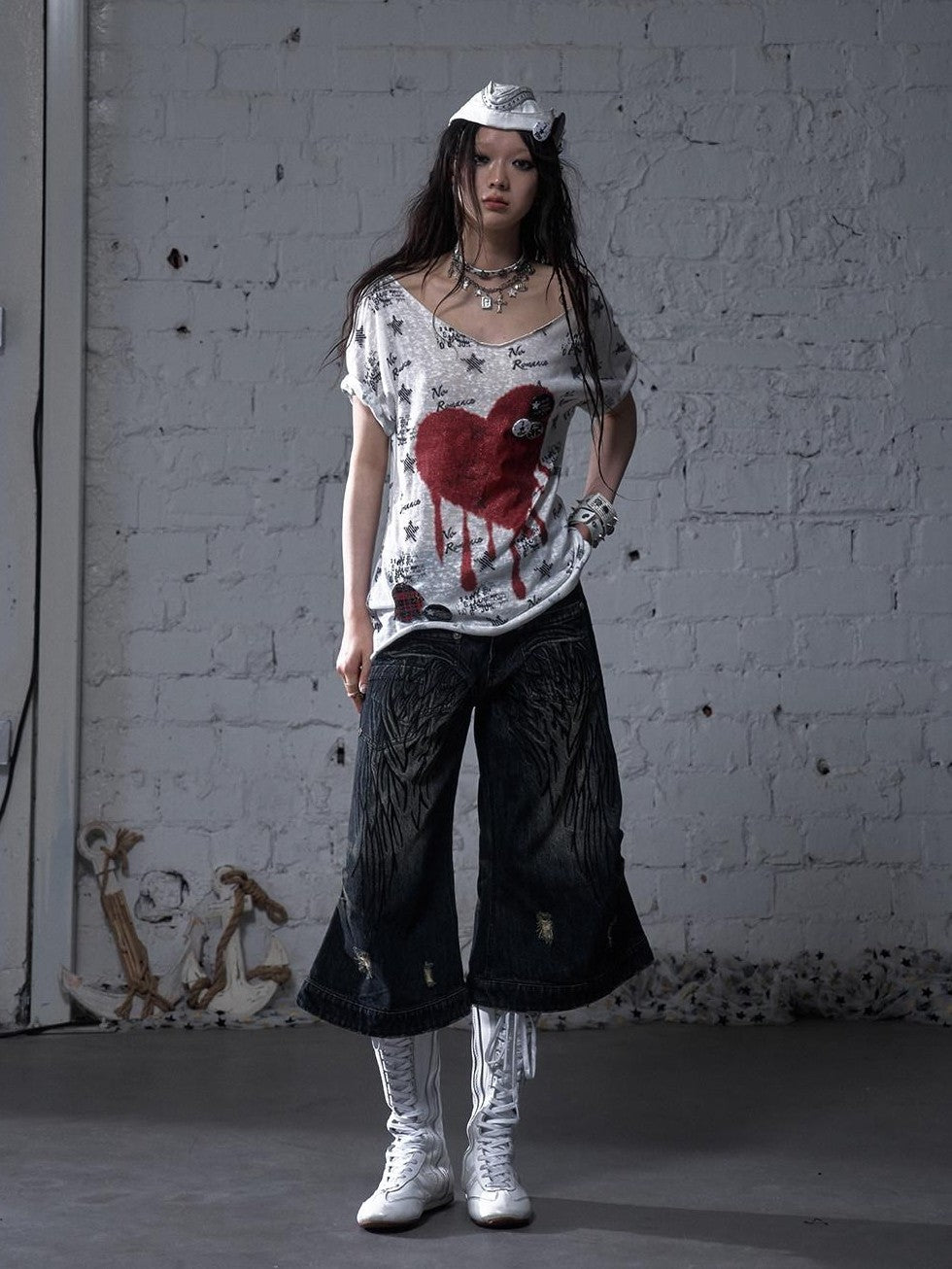 NO ROMANCE Washed Vintage Punk Embroidered Wings Women'S Cotton Wide-Leg Jeans