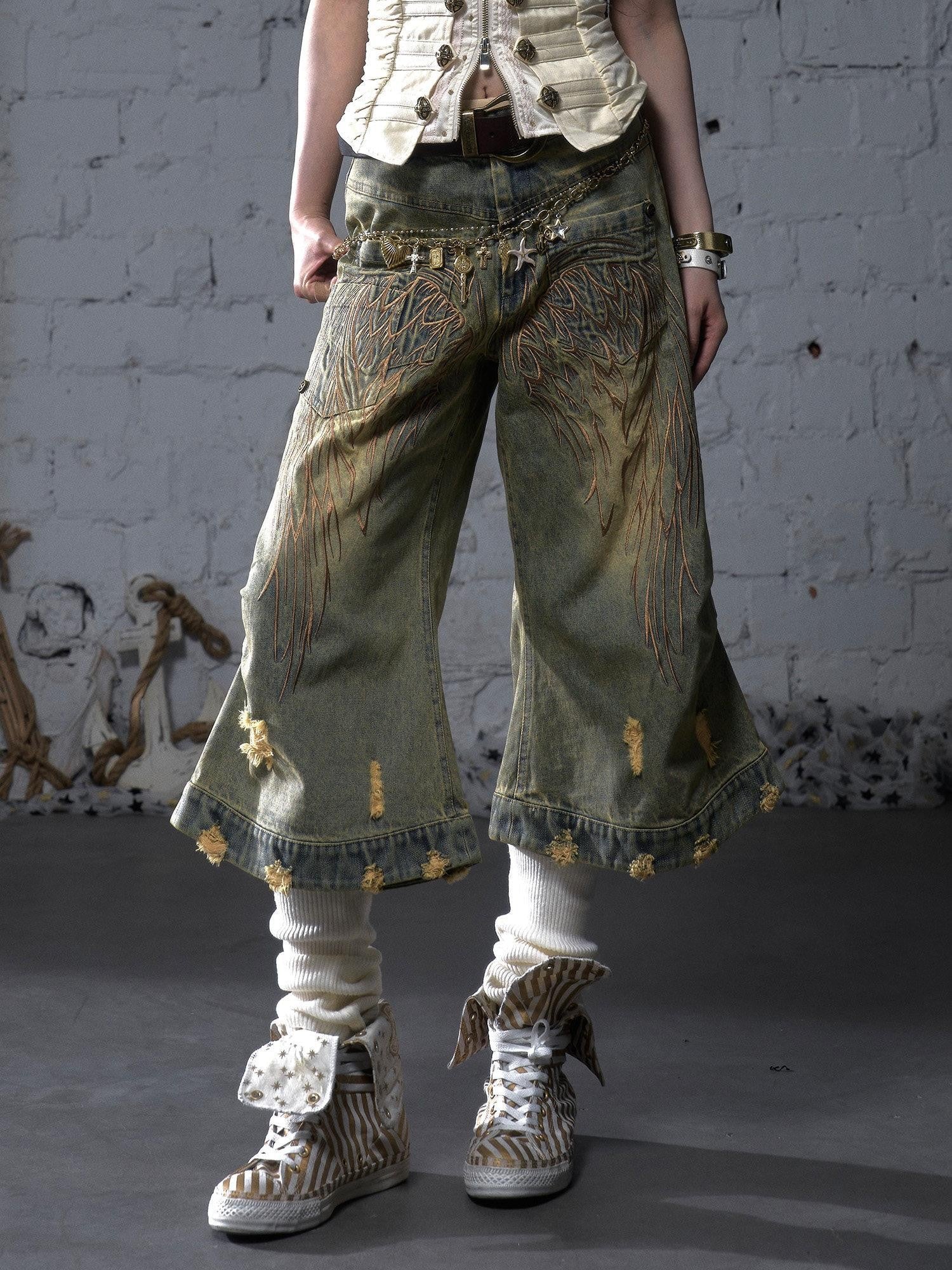NO ROMANCE Washed Vintage Punk Embroidered Wings Women'S Cotton Wide-Leg Jeans