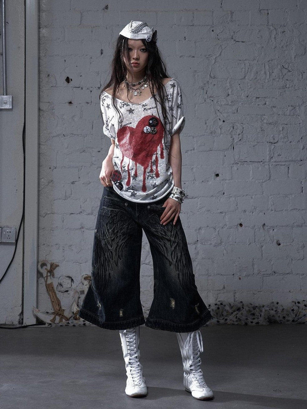 NO ROMANCE Washed Vintage Punk Embroidered Wings Women'S Cotton Wide-Leg Jeans