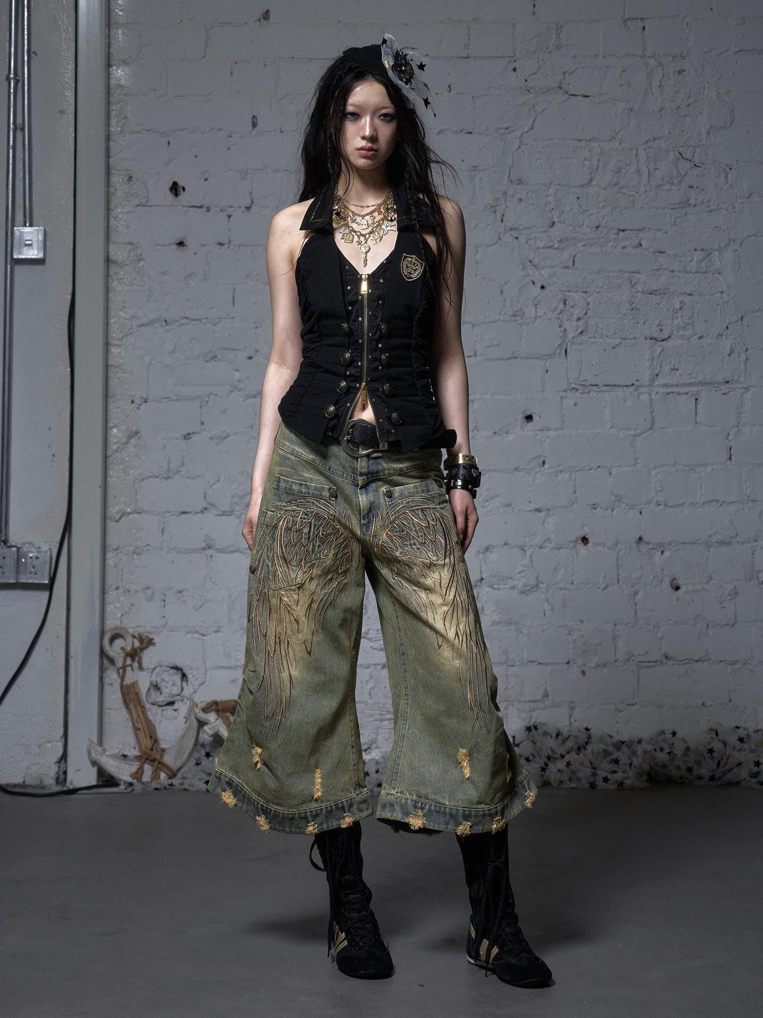 NO ROMANCE Washed Vintage Punk Embroidered Wings Women'S Cotton Wide-Leg Jeans