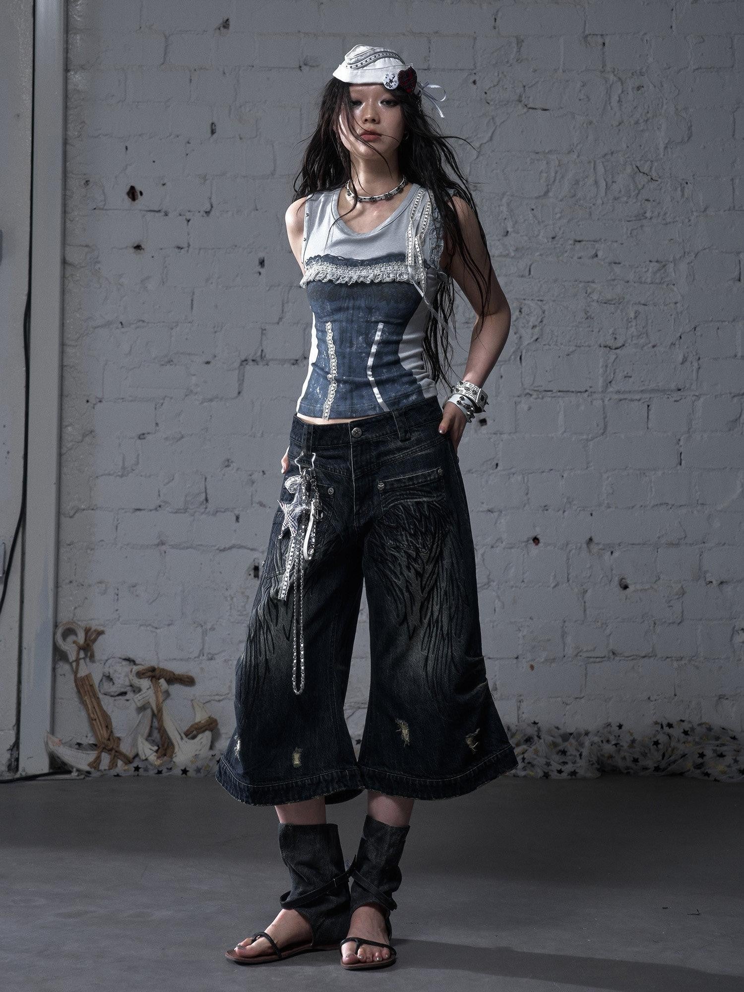 NO ROMANCE Washed Vintage Punk Embroidered Wings Women'S Cotton Wide-Leg Jeans