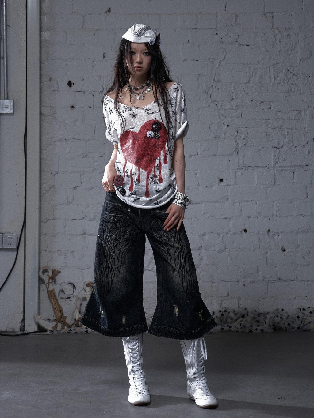 NO ROMANCE Washed Vintage Punk Embroidered Wings Women'S Cotton Wide-Leg Jeans