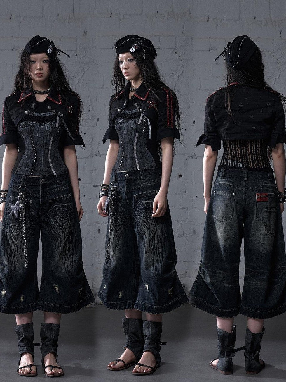 NO ROMANCE Washed Vintage Punk Embroidered Wings Women'S Cotton Wide-Leg Jeans