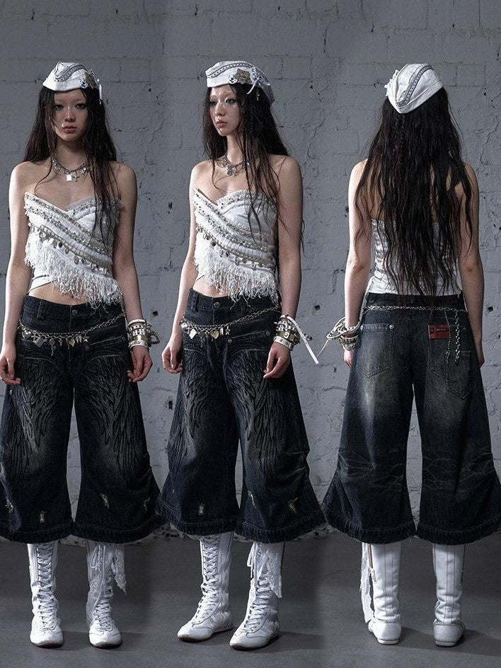 NO ROMANCE Washed Vintage Punk Embroidered Wings Women'S Cotton Wide-Leg Jeans