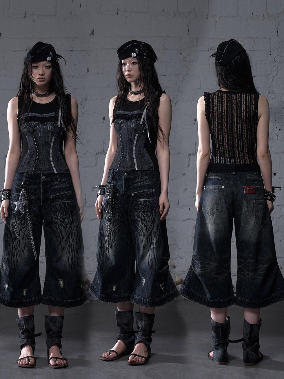 NO ROMANCE Washed Vintage Punk Embroidered Wings Women'S Cotton Wide-Leg Jeans