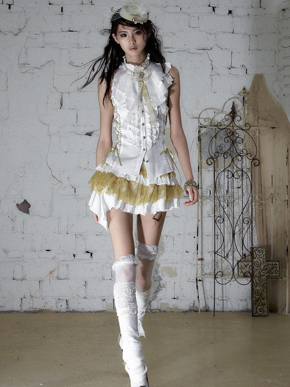 NO ROMANCE White Gold Asymmetric Tiered Ruffle Pleated Puff Women'S Lace Mini Skirts
