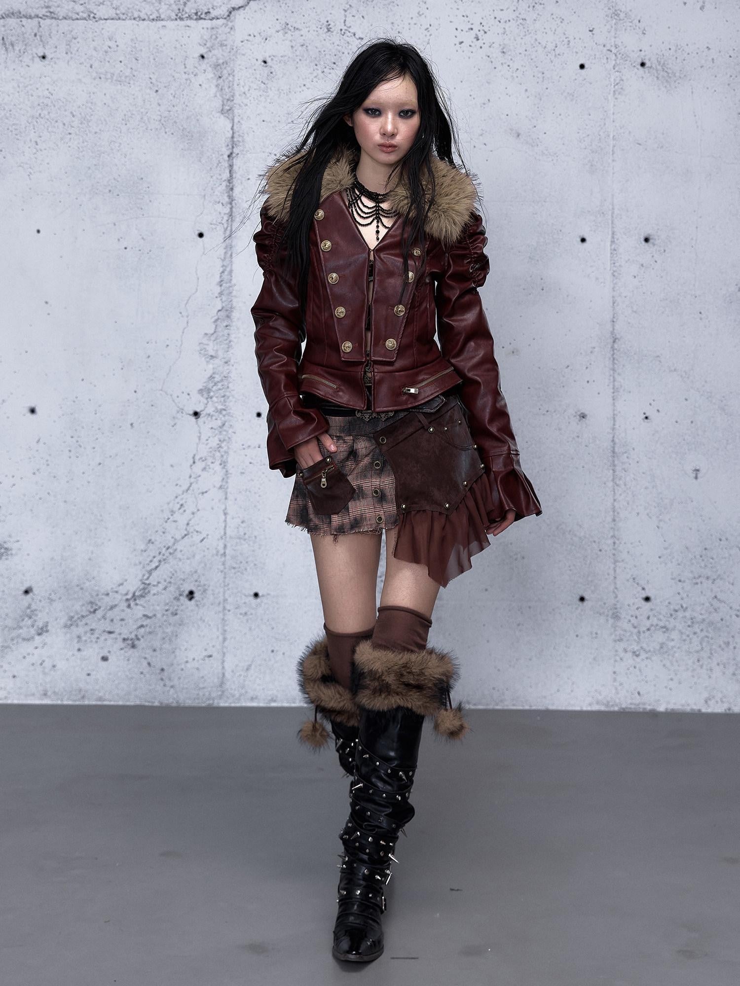 NO ROMANCE Wine Red Padded Court Punk Detachable Fur Slimming Women'S Leather Jackets