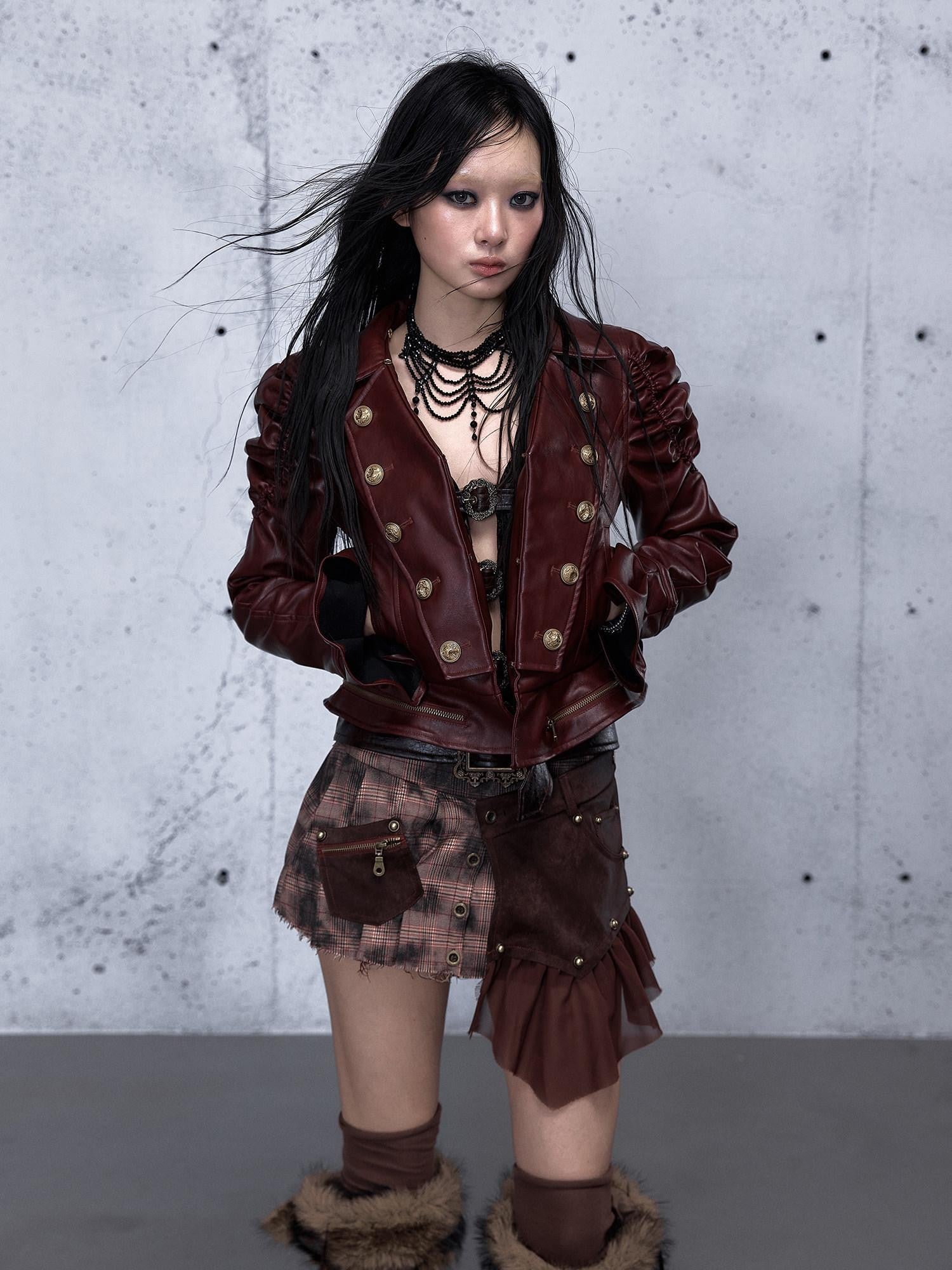 NO ROMANCE Wine Red Padded Court Punk Detachable Fur Slimming Women'S Leather Jackets
