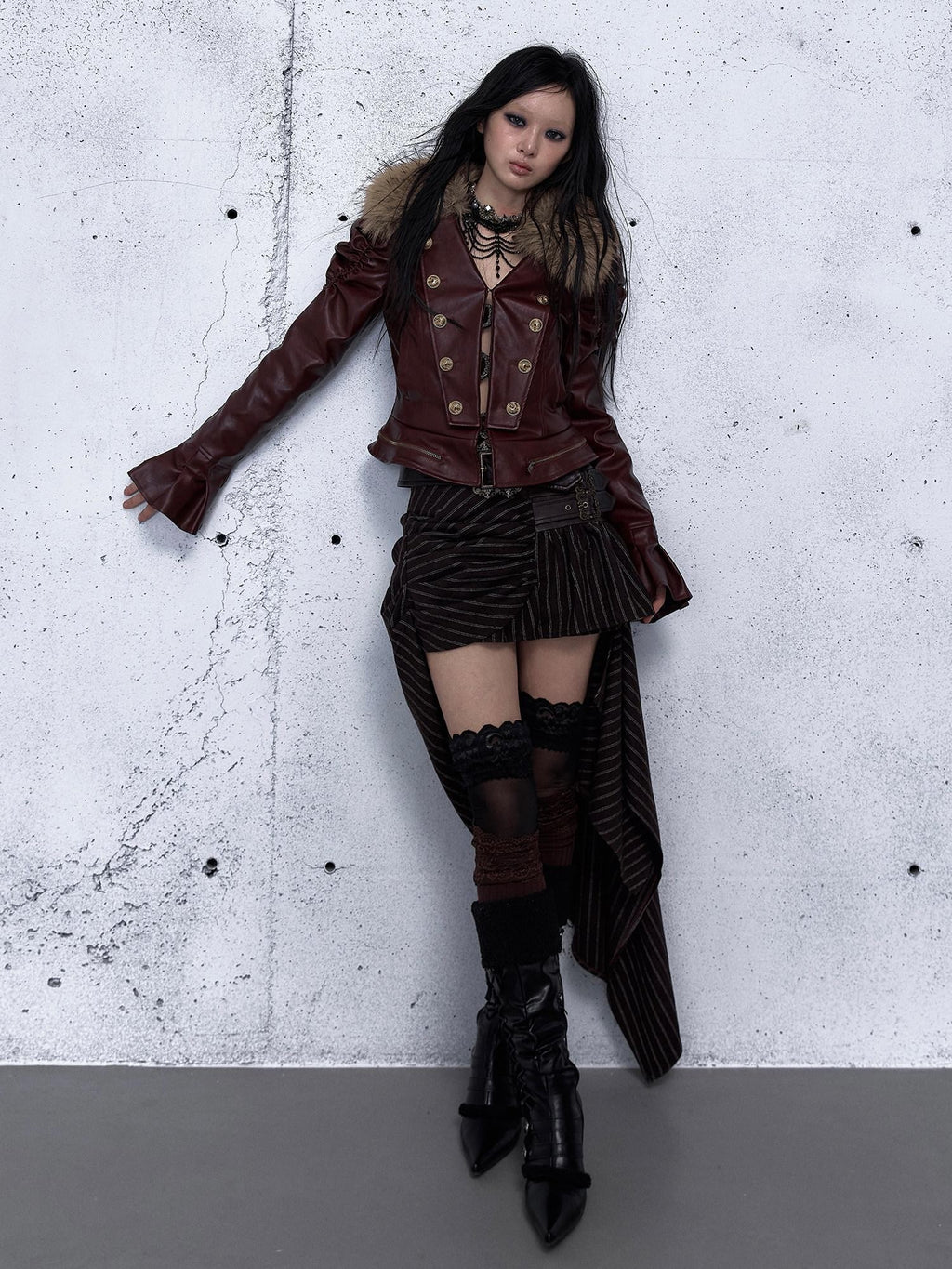NO ROMANCE Wine Red Padded Court Punk Detachable Fur Slimming Women'S Leather Jackets
