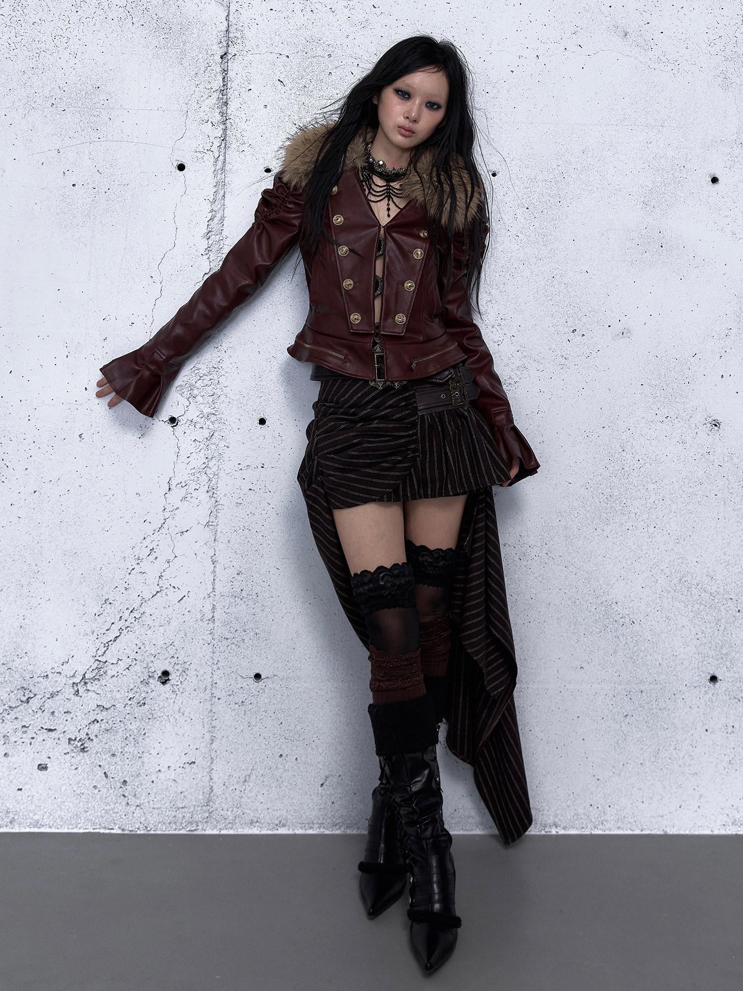 NO ROMANCE Wine Red Padded Court Punk Detachable Fur Slimming Women'S Leather Jackets