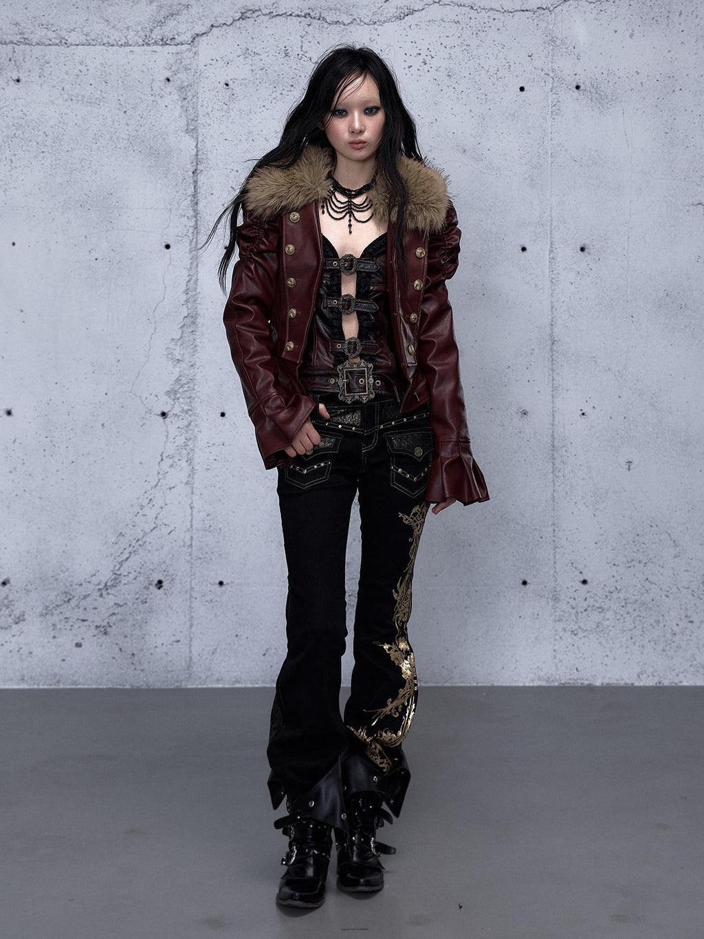 NO ROMANCE Wine Red Padded Court Punk Detachable Fur Slimming Women'S Leather Jackets