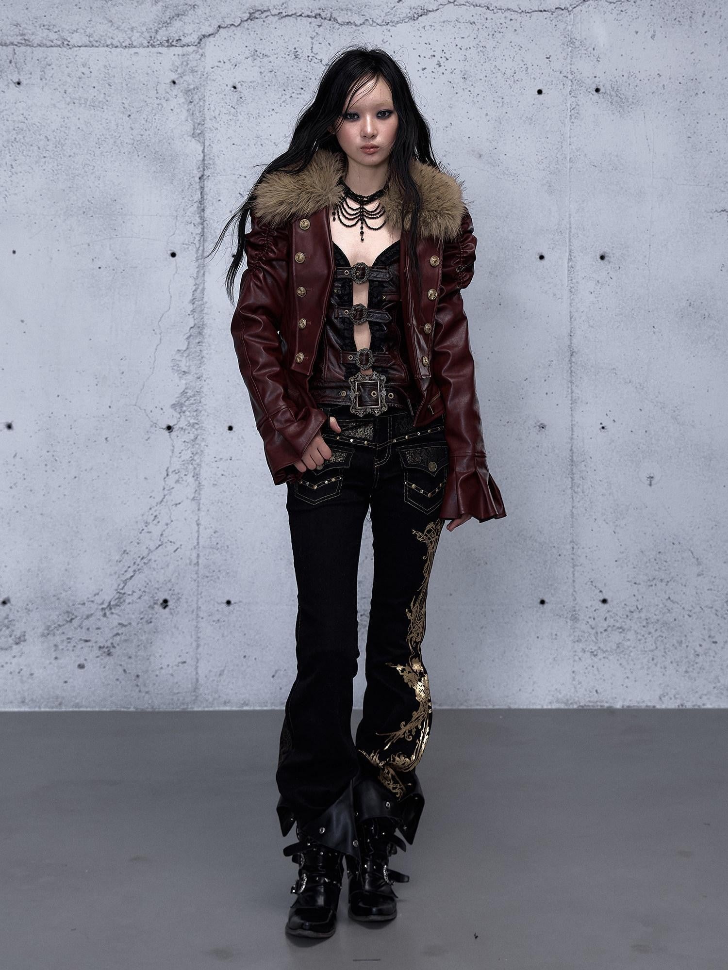 NO ROMANCE Wine Red Padded Court Punk Detachable Fur Slimming Women'S Leather Jackets