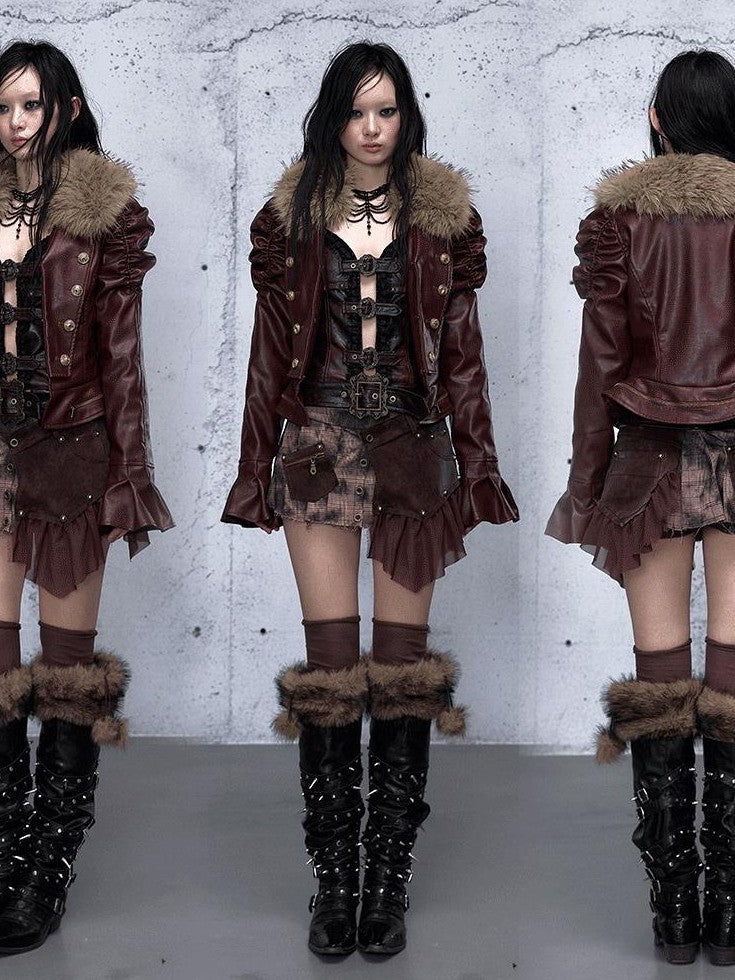 NO ROMANCE Wine Red Padded Court Punk Detachable Fur Slimming Women'S Leather Jackets