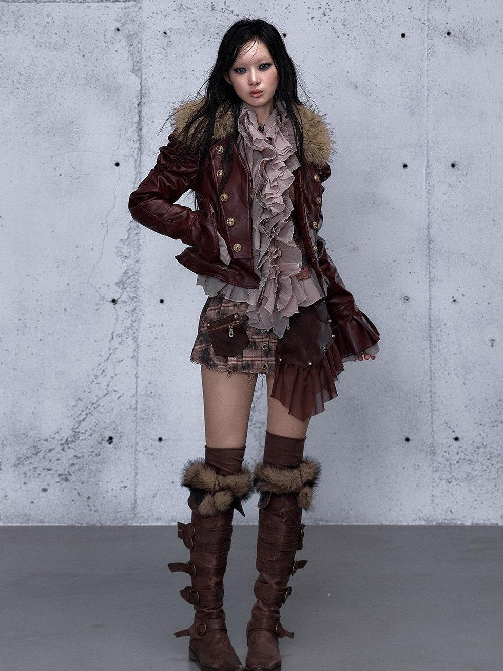NO ROMANCE Wine Red Padded Court Punk Detachable Fur Slimming Women'S Leather Jackets