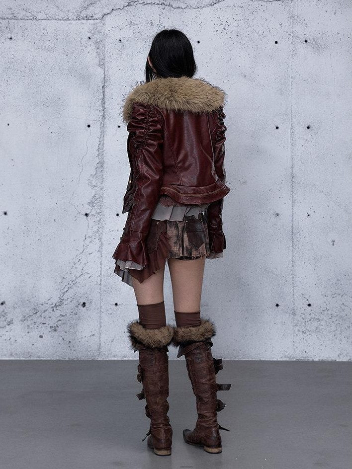 NO ROMANCE Wine Red Padded Court Punk Detachable Fur Slimming Women'S Leather Jackets