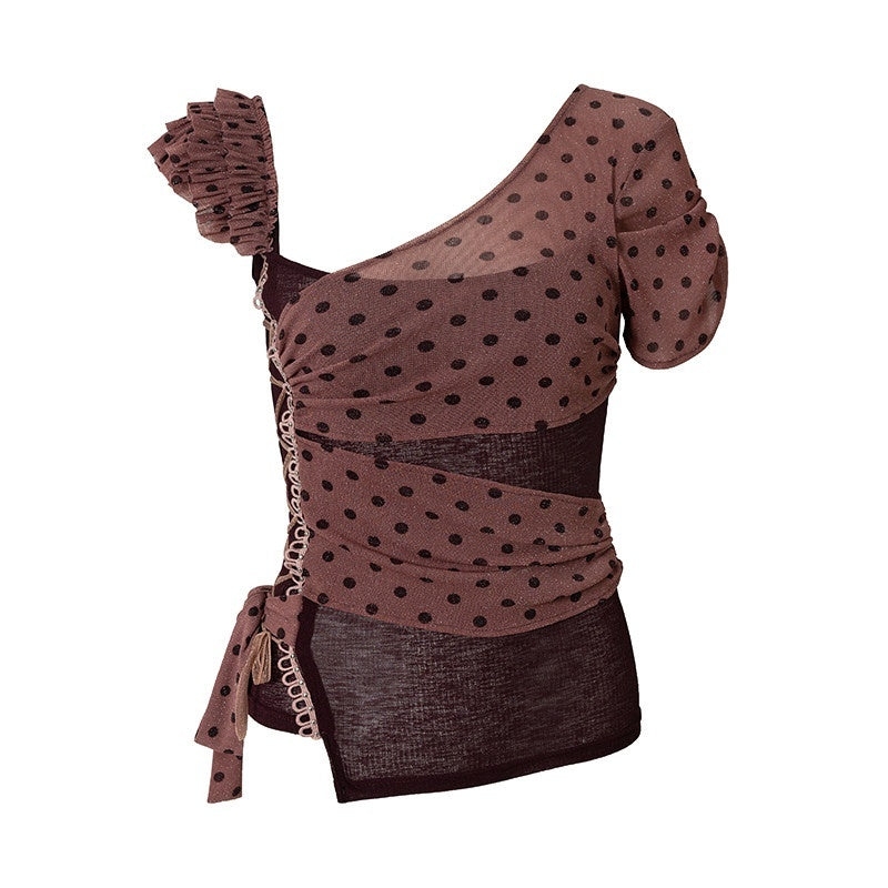 NO_ROMANCE_Y2K_Asymmetric_Polka_Dot_Tie_Women'S_Polyester_Short_Sleeve_T-Shirts_MISSTT