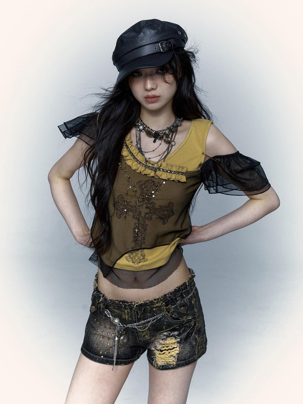 NO ROMANCE Yellow Black Asymmetric Rhinestone Cross Print Women'S Short Sleeve T-Shirts