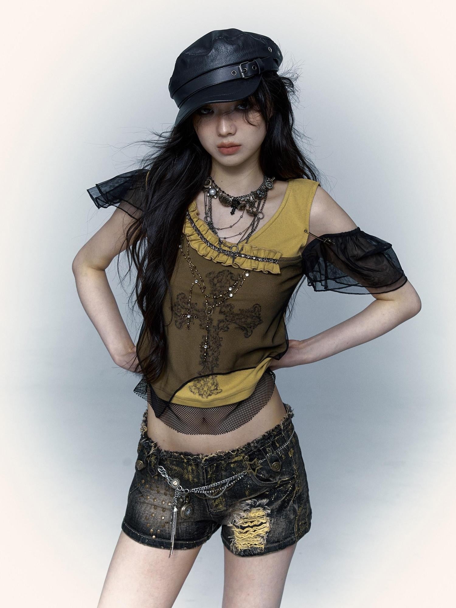 NO ROMANCE Yellow Black Asymmetric Rhinestone Cross Print Women'S Short Sleeve T-Shirts