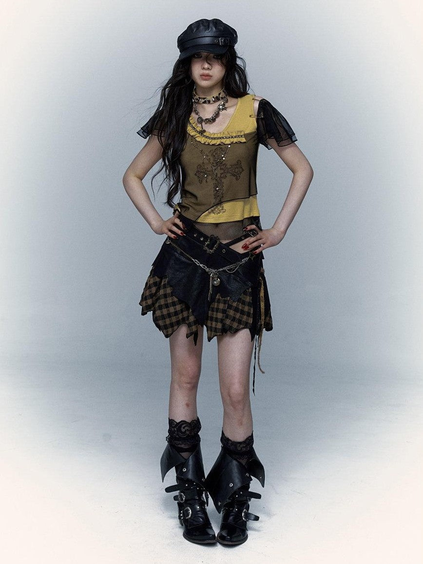 NO ROMANCE Yellow Black Asymmetric Rhinestone Cross Print Women'S Short Sleeve T-Shirts
