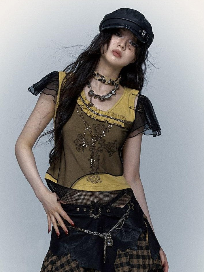 NO ROMANCE Yellow Black Asymmetric Rhinestone Cross Print Women'S Short Sleeve T-Shirts
