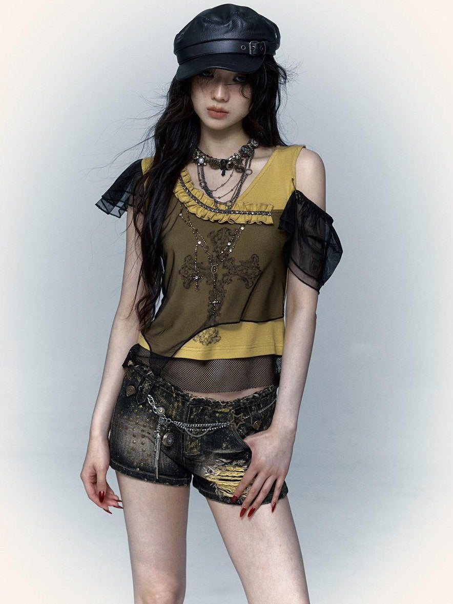 NO ROMANCE Yellow Black Asymmetric Rhinestone Cross Print Women'S Short Sleeve T-Shirts