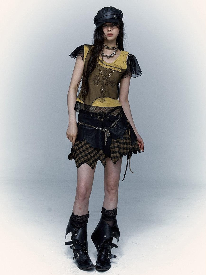 NO ROMANCE Yellow Black Asymmetric Rhinestone Cross Print Women'S Short Sleeve T-Shirts