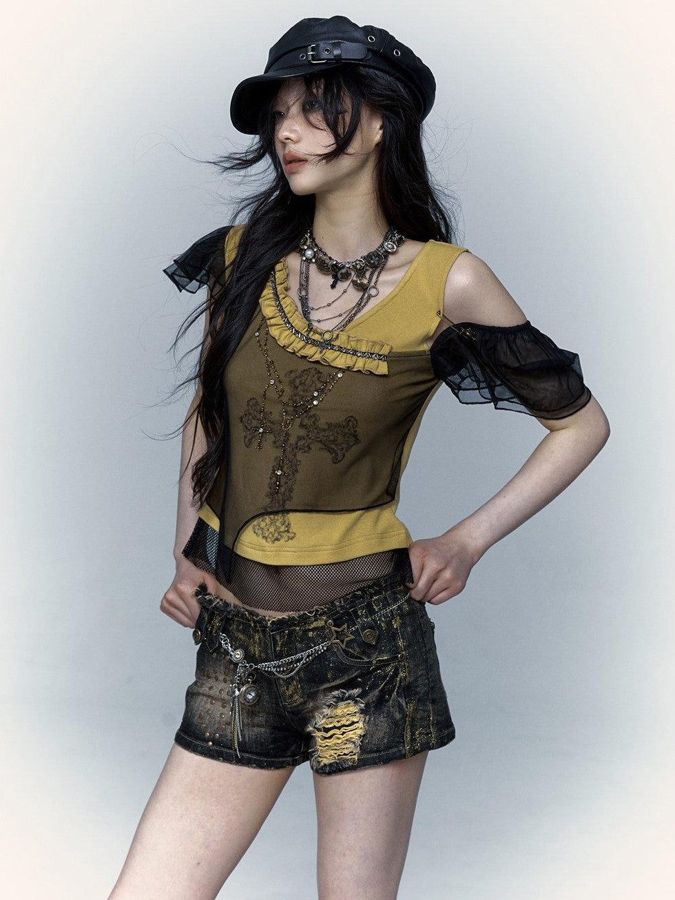 NO ROMANCE Yellow Black Asymmetric Rhinestone Cross Print Women'S Short Sleeve T-Shirts